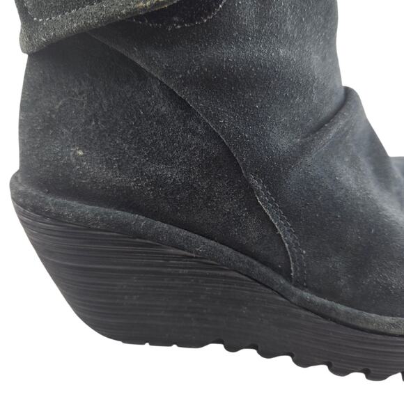 Fly London Yegi Wedge Ankle Boots Womens 6.5 7 37 Black Suede Slouchy Platform - Picture 2 of 10